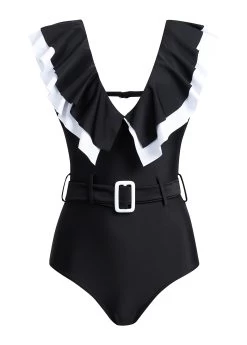 Black Flounce Buckle Detail One Piece Swimwear -Modlily 1697777580909383201