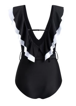 Black Flounce Buckle Detail One Piece Swimwear -Modlily 1697777581848924508