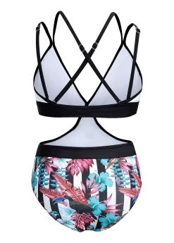Floral Print Cross Strap Contrast One Piece Swimwear -Modlily 1697777790885835579