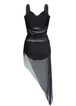 Asymmetric Hem Ruched Mesh Swimdress And Panty -Modlily 1697777812943418722