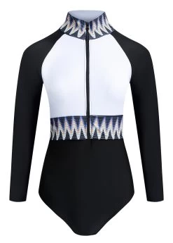 Quarter Zip Long Sleeve Chevron Print One Piece Swimwear -Modlily 1697793775061535282