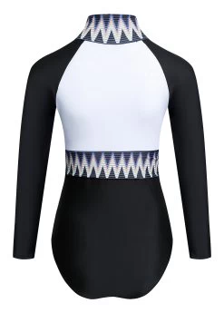 Quarter Zip Long Sleeve Chevron Print One Piece Swimwear -Modlily 1697793775877876107