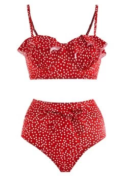 Ruffle Trim Bowknot Polka Dot Bikini Set -Modlily 1697854413892705398