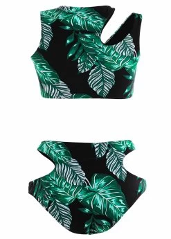 Cut Out Mid Waisted Leaf Print Black Bikini Set -Modlily 1697854856521502279