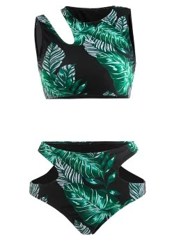 Cut Out Mid Waisted Leaf Print Black Bikini Set -Modlily 1697854856694772060