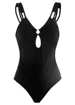 Lace Patchwork Black Metal Ring Detail One Piece Swimwear -Modlily 1697855098777923565