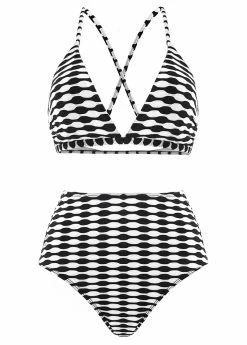 Three-piece High Waisted Geometric Print Black Bikini Set -Modlily 1697858560513778001