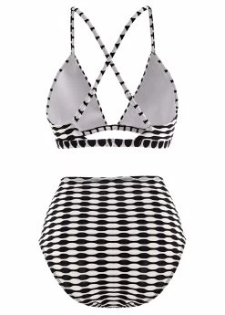 Three-piece High Waisted Geometric Print Black Bikini Set -Modlily 1697858561200538197