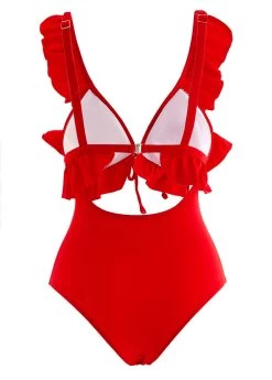 Red Flounce Cutout One Piece Swimwear -Modlily 1697871422313763266