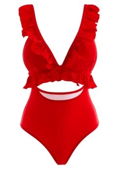 Red Flounce Cutout One Piece Swimwear -Modlily 1697871422869847542
