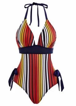 Striped Bowknot Side Halter One Piece Swimwear -Modlily 1697875320028643087