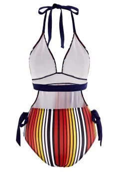 Striped Bowknot Side Halter One Piece Swimwear -Modlily 1697875321195658946