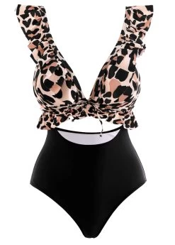 Black Flounce Cutout Leopard One Piece Swimwear -Modlily 1697876550715547558