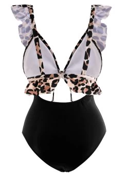Black Flounce Cutout Leopard One Piece Swimwear -Modlily 1697876551164548510