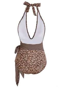 Leopard Print Halter Belted One Piece Swimwear -Modlily 1697878097229913734