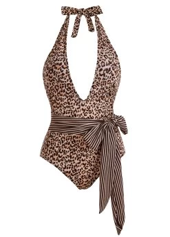 Leopard Print Halter Belted One Piece Swimwear -Modlily 1697878097447009490