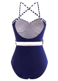 Striped Decorative Belt Navy Blue One Piece Swimwear -Modlily 1697889730916169931