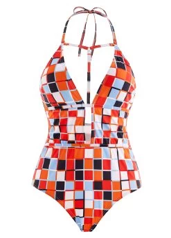 Geometric Print Halter Cutout One Piece Swimwear -Modlily 1698023447227469948