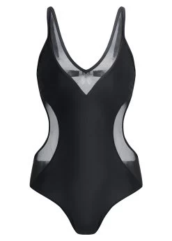 Black Mesh Stitching One Piece Swimwear -Modlily 1698031003895116445