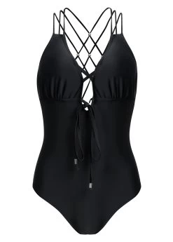 Criss Cross Black Tie Front One Piece Swimwear -Modlily 1698031056223722765