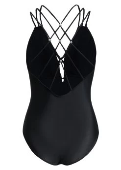 Criss Cross Black Tie Front One Piece Swimwear -Modlily 1698031057334014489