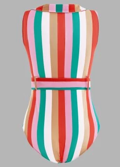 Rainbow Stripe Belted Turndown Collar One Piece Swimwear -Modlily 1698040860242000704