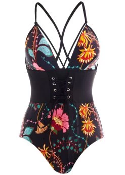 Tie Back Lace Up Front Floral Print One Piece Swimwear -Modlily 1698047489561825551