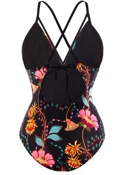Tie Back Lace Up Front Floral Print One Piece Swimwear -Modlily 1698048364670372281