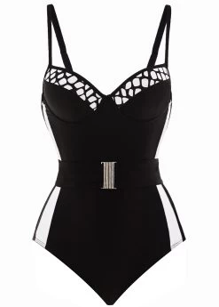 Contrast Spaghetti Strap Belted One Piece Swimwear -Modlily 1698049359843293555