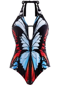 Butterfly Print Halter One Piece Swimwear -Modlily 1698148890254647535