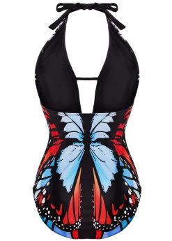 Butterfly Print Halter One Piece Swimwear -Modlily 1698148890704416969