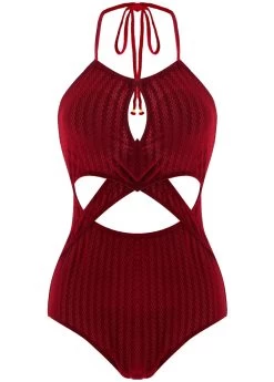 Criss Cross Wine Red Cutout One Piece Swimwear -Modlily 1698149558094444563