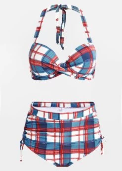 Plaid Print High Waisted Drawstring Side Bikini Set -Modlily 1698219103482621079