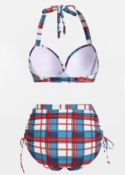 Plaid Print High Waisted Drawstring Side Bikini Set -Modlily 1698219197159381407