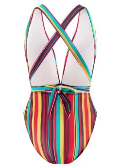 Rainbow Stripe Halter One Piece Swimwear -Modlily 1698285260462920049