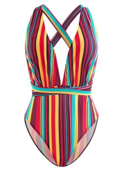 Rainbow Stripe Halter One Piece Swimwear -Modlily 1698285260562041921
