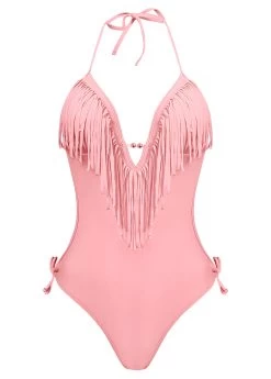 Tassel Embellished Halter Light Pink One Piece Swimwear 14 Tassel Embellished Halter Light Pink One Piece Swimwear -Modlily 1698289610394900011