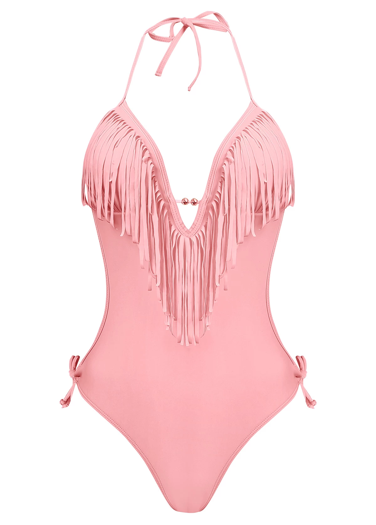 Tassel Embellished Halter Light Pink One Piece Swimwear 7 Tassel Embellished Halter Light Pink One Piece Swimwear - Image 7
