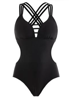 Black Cross Strap Cutout Waist One Piece Swimwear -Modlily 1698319300389995703