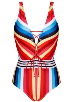 Lace Up Striped Wide Strap One Piece Swimwear -Modlily 1698747610562795120