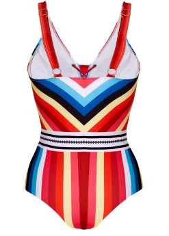 Lace Up Striped Wide Strap One Piece Swimwear -Modlily 1698747610790896062