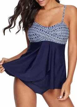 Crossover Hem Chevron Print Navy Blue Tankini Set -Modlily 218565 P 15512480404353