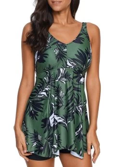 Spaghetti Strap Leaf Print Swimdress And Shorts -Modlily 218664 P 15529848286112