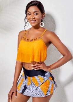 Cage Neck Overlay Top And Printed Pantskirt -Modlily 221878 P 16214186113452