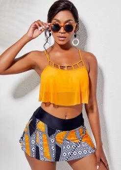 Modlily 44 Cage Neck Overlay Top And Printed Pantskirt