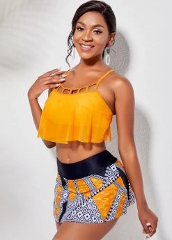 Cage Neck Overlay Top And Printed Pantskirt -Modlily 221878 P 16214186118694