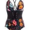 Tie Back Lace Up Front Floral Print One Piece Swimwear