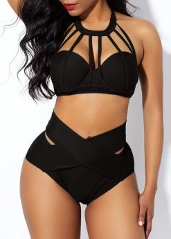 Modlily 6 Cage Neck High Waist Cross Front Bikini Set