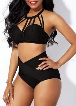 Cage Neck High Waist Cross Front Bikini Set -Modlily 227465 P 15634988607103