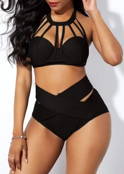 Cage Neck High Waist Cross Front Bikini Set -Modlily 227465 P 15634988607452